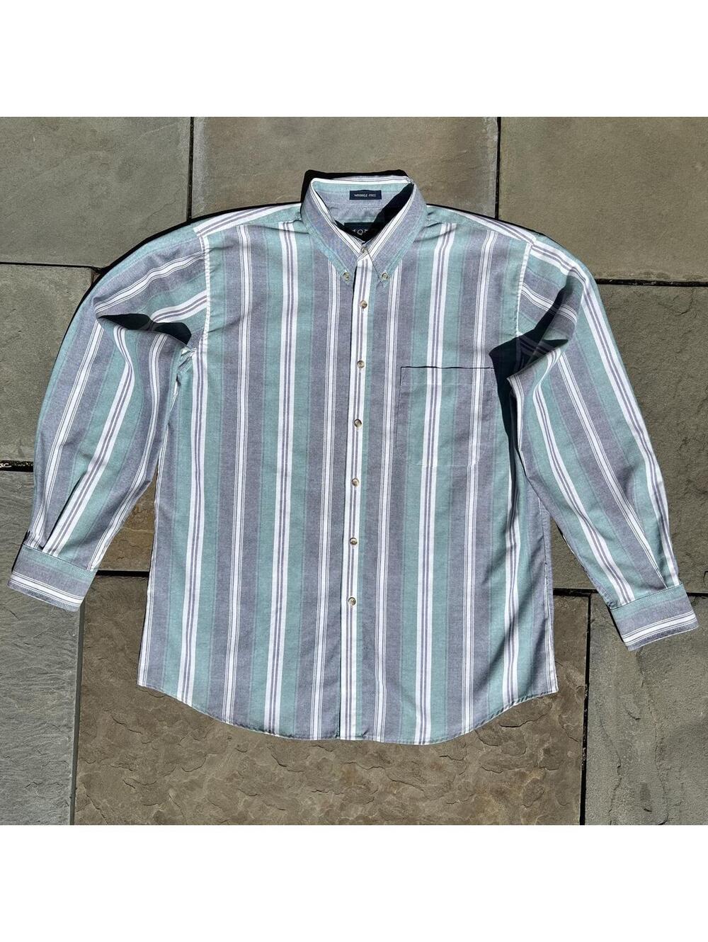 Vintage 90s Green + Blue Grey Varied Stripe Oxford Shirt
